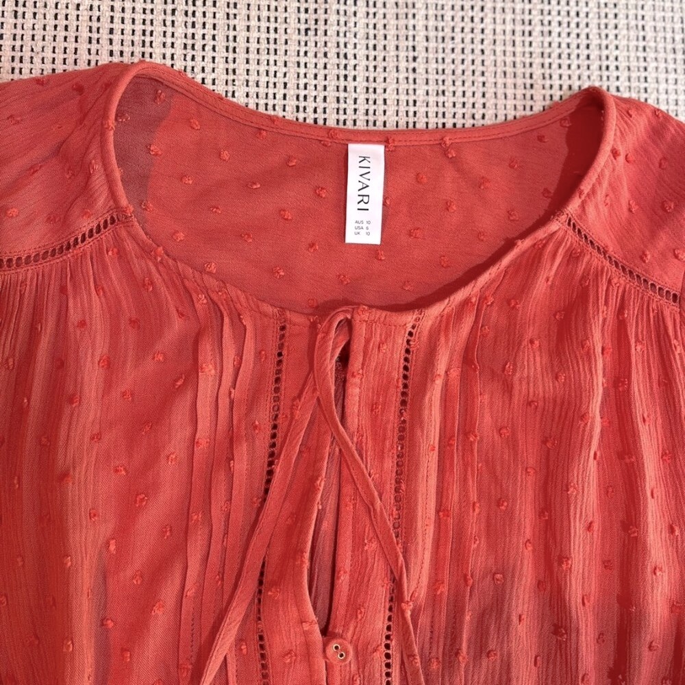 Kivari Boho Maxi Dress Rusty Orange Red Balloon Sleeve Tiered Pockets Size 6 - Picture 7 of 14
